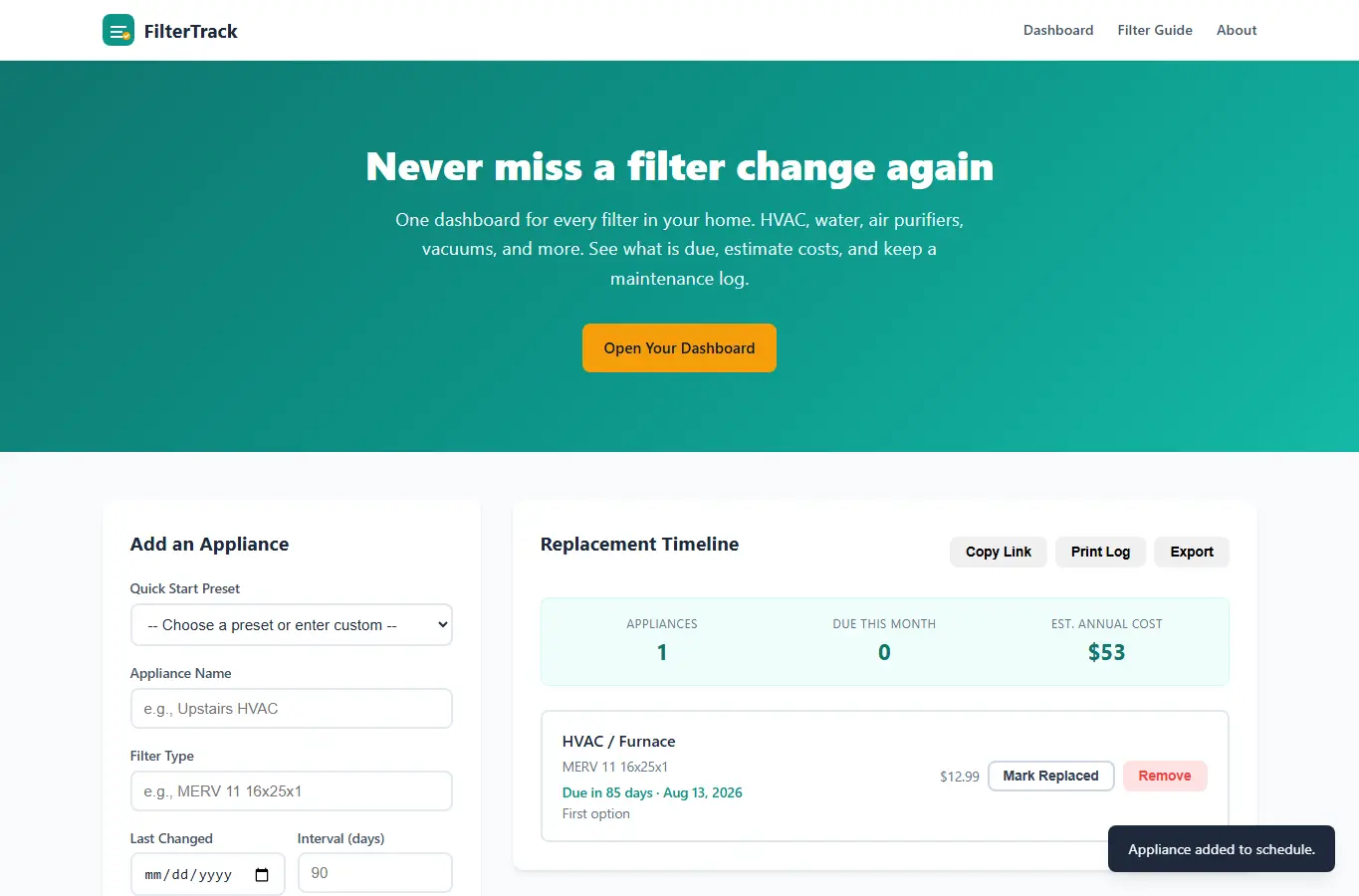 Screenshot of Appliance Filter Replacement Schedule interface showing the project page in use